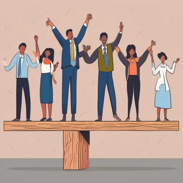 Minority investor and majority shareholder collaborating to manage investments on a balance beam, emphasizing communication, transparency, and alignment.