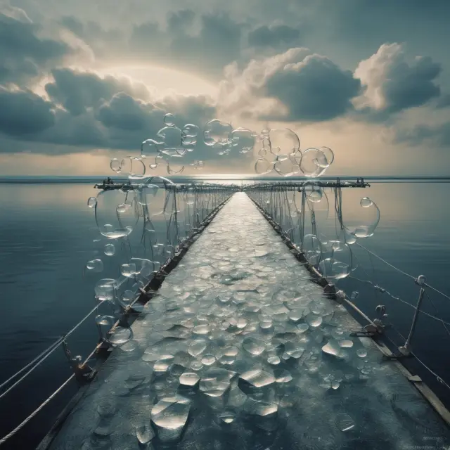 Fragile bridge symbolizing market instability during Minsky Moment, with asset bubbles beneath