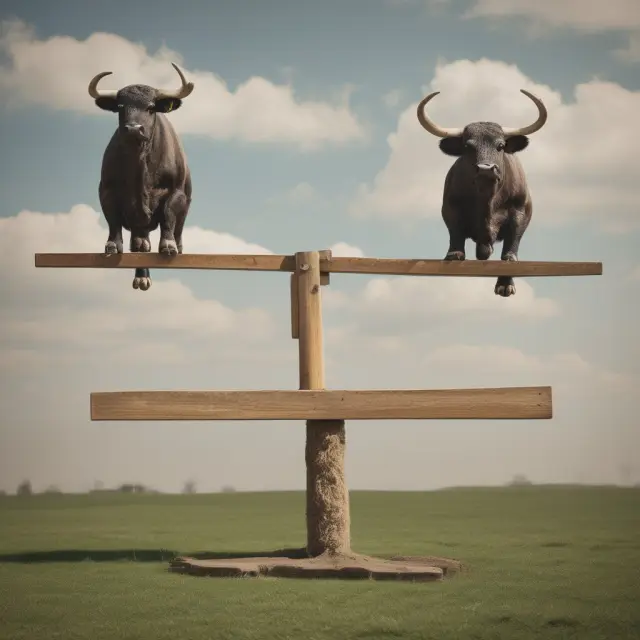 A seesaw with a scale balanced between two sides labeled