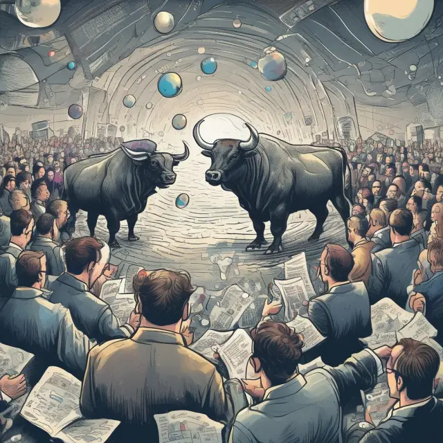Artwork depicts investors examining financial market bubbles, representing potential Minsky Moments