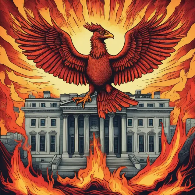 Central Bank phoenix rises amidst financial crisis flames, depicting recovery through monetary intervention