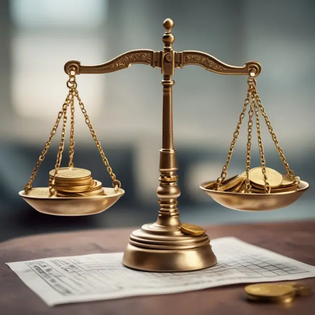 Gold scales holding a coin labeled 