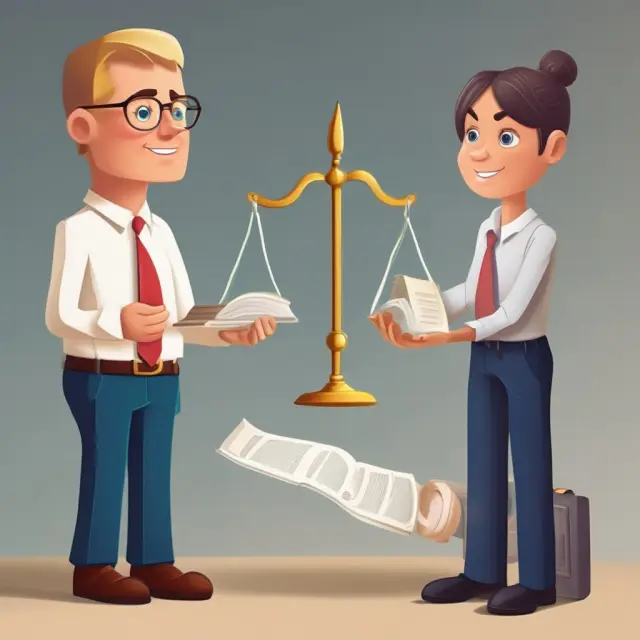 A balanced scale represents truth in insurance with one side held by a policyholder, while a realtor stands beside a table displaying an open book for real estate transactions
