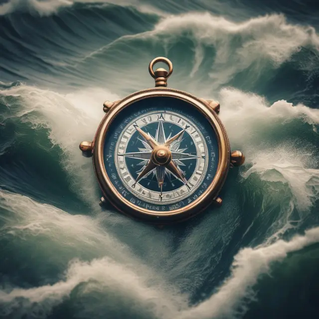 Compass with a clear direction guiding various ships through turbulent waters, symbolizing the importance of having a clear mission statement.