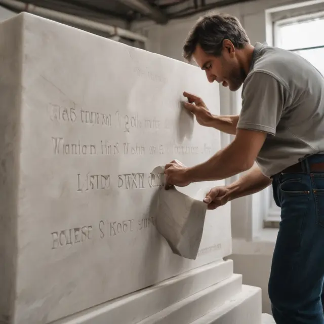 Sculptor working on a large marble block, inscribing a mission statement into the design.