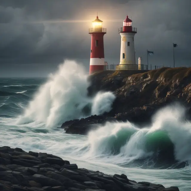 Lighthouse shining light over turbulent waters, representing the clarifying and inspiring role of personal mission statements.