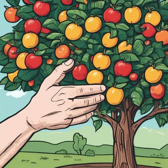 An investor plucking ripe MLP fruits from a tree, representing the careful selection of income-generating and growth-oriented strategies