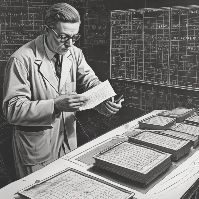 A scientist meticulously calculating multiple linear regression coefficients using tablet and interconnected scales for independent variables