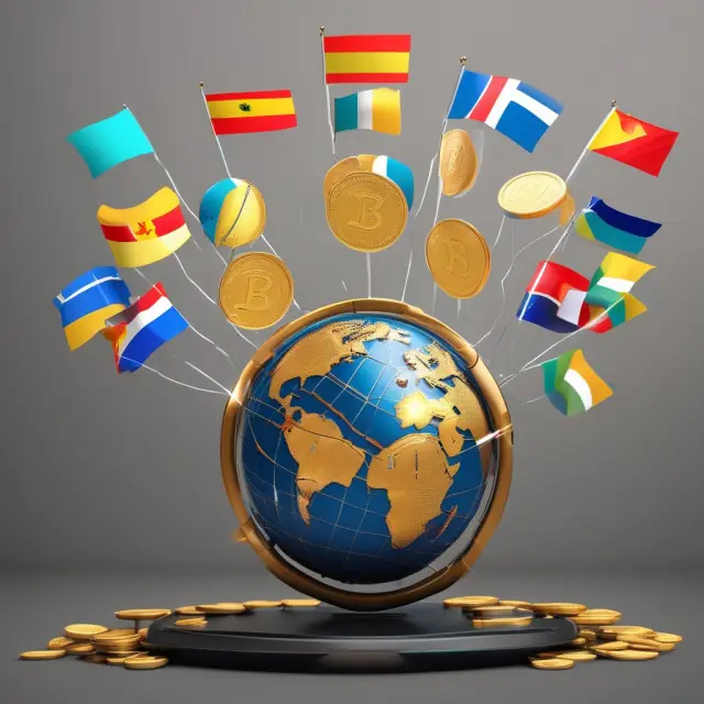 A smartphone with a globe on its screen releasing golden coins towards countries represented by waving flags