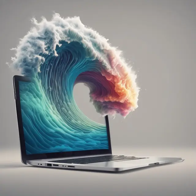 An image of a mobile wave overtaking a stationary laptop, reflecting the growing dominance of m-commerce over e-commerce.
