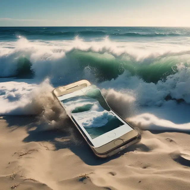 A mobile commerce wave crashing onto a digital beach, representing its significant impact and expansion