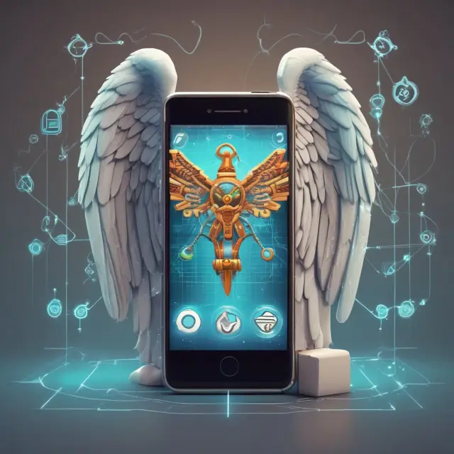 Angels securing a smartphone with shields and locks, illustrating the protection of mobile commerce.