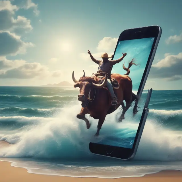 A mobile device, symbolizing mobile commerce, riding the crest of waves representing superior user experiences in m-commerce.