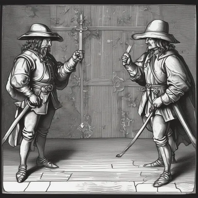 A scene featuring the Three Musketeers as personifications of Mode, Mean, and Median engaged in a friendly statistical duel to showcase their unique properties.