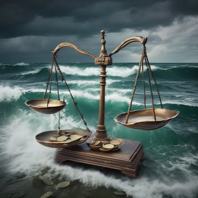 Scales represent cash (left) and accruals (right). A sailor braves stormy seas, maintaining balance.