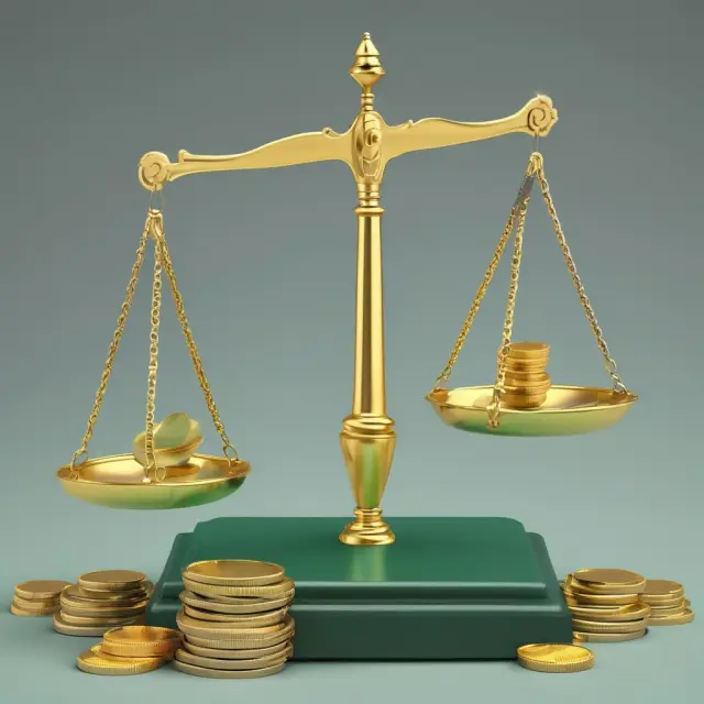 Image of government scales balanced with gold coins representing short-term assets and green ledgers for long-term assets, illustrating modified accrual accounting.