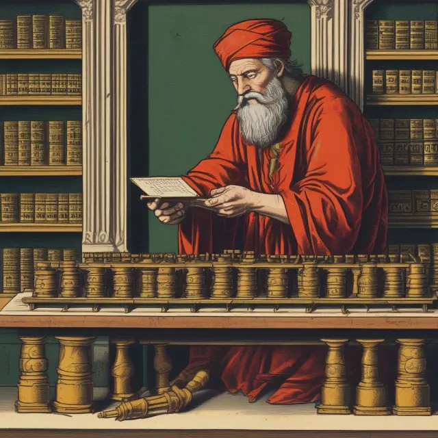 A tax collector meticulously weighs coins symbolizing gains under Modified Endowment Contracts (MECs), using a financial abacus for calculation.