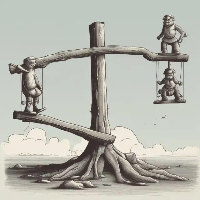 Two giants balancing on a seesaw: one side symbolizes the death benefit, while the other represents premiums; keeping balance ensures avoiding MEC classification in life insurance policies