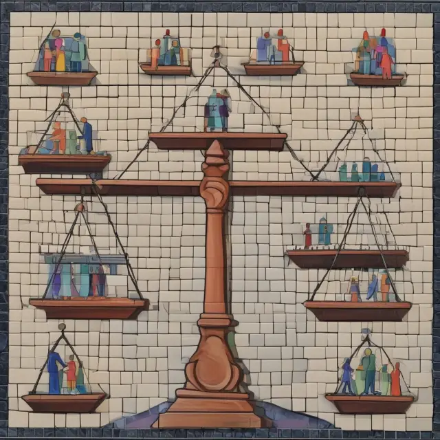 Tenants and landlords collaborate on a mosaic representing commercial real estate, each holding scales that symbolize their shared responsibilities and benefits under modified gross leases