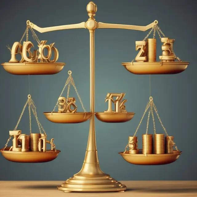 Financier weighing golden scales with MIRR, IRR, cash flows, and portfolio symbols, illustrating capital budgeting decisions, performance analysis, and reporting to clients
