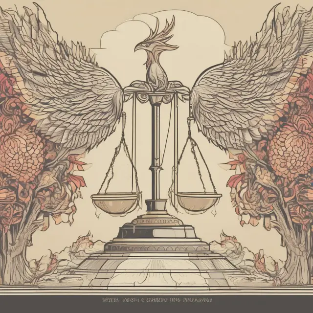 Image of a business scale tipping towards growth, represented by a phoenix, while stability is maintained through a sturdy tree