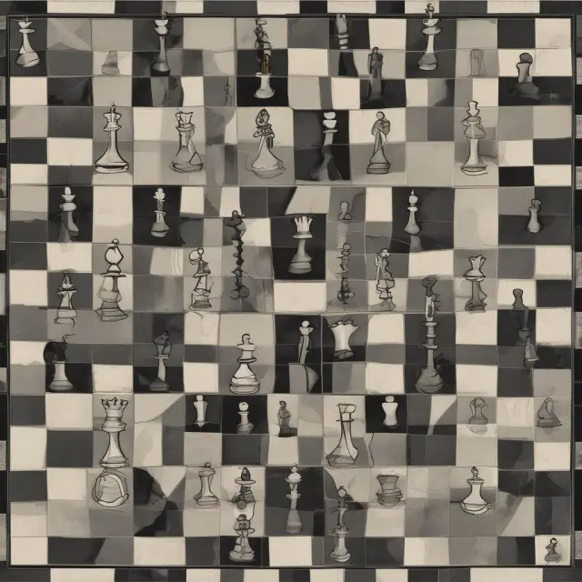Detective examining a chessboard, each square representing a unique crime pattern.