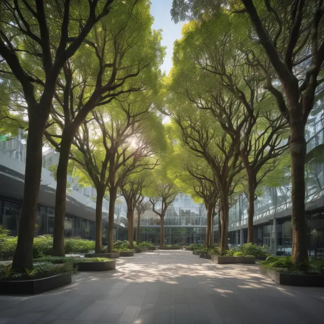 A small mom-and-pop store nestled among towering technology trees, using social media and digital marketing tools to reach out to a global audience