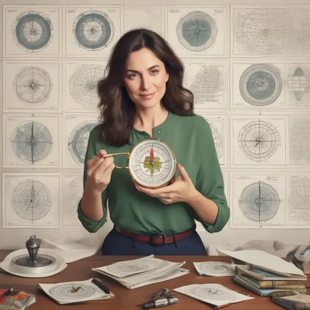 Mother figure with compass navigates stock market challenges: expertise, capital, emotions, FOMO, and time horizon