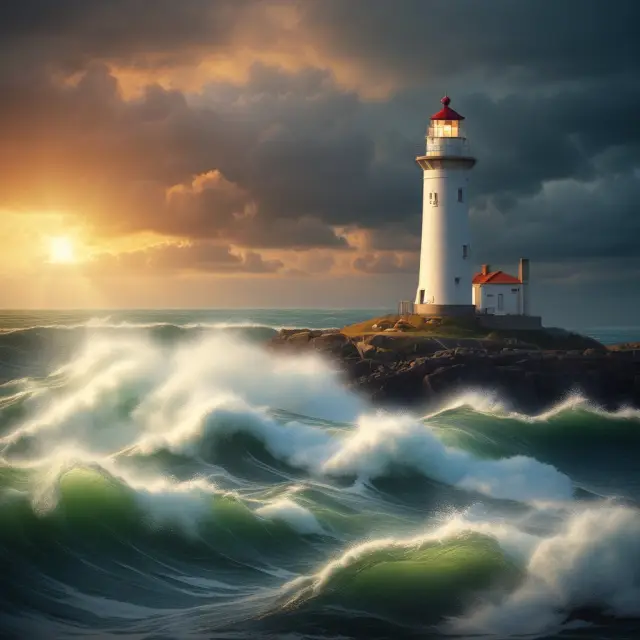 A wise broker depicted as a lighthouse, guiding mom-and-pop investors safely through turbulent investment waters
