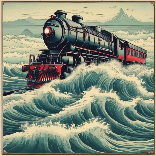 A train riding a wave, symbolizing the concept of momentum trading in finance
