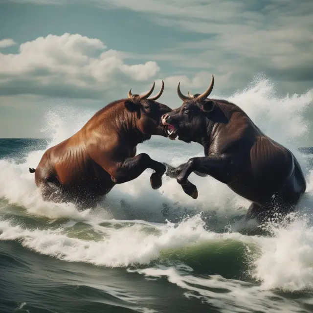 A bull and bear figuratively wrestling on a tumultuous sea, representing the risks involved with momentum trading.