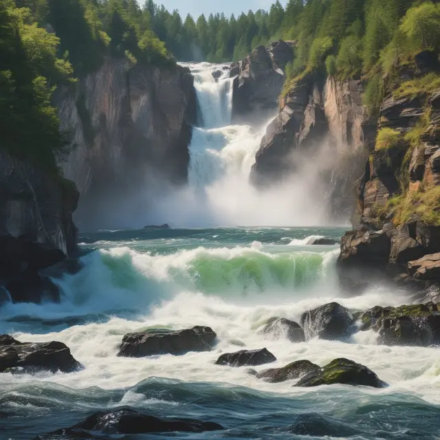 Visualization of momentum stocks: A dynamic river carrying boulders representing Tesla, Nvidia, and Amazon—companies that have shown strong price trends