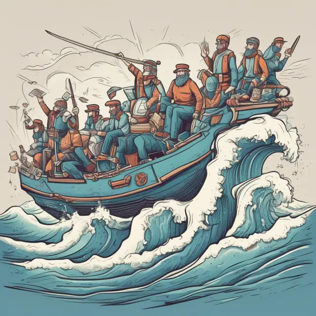 Five stylized traders riding different types of waves representing momentum trading strategies: Trend Following, Moving Average Crossover, Mean Reversion, Range Trading, and Time Decay.