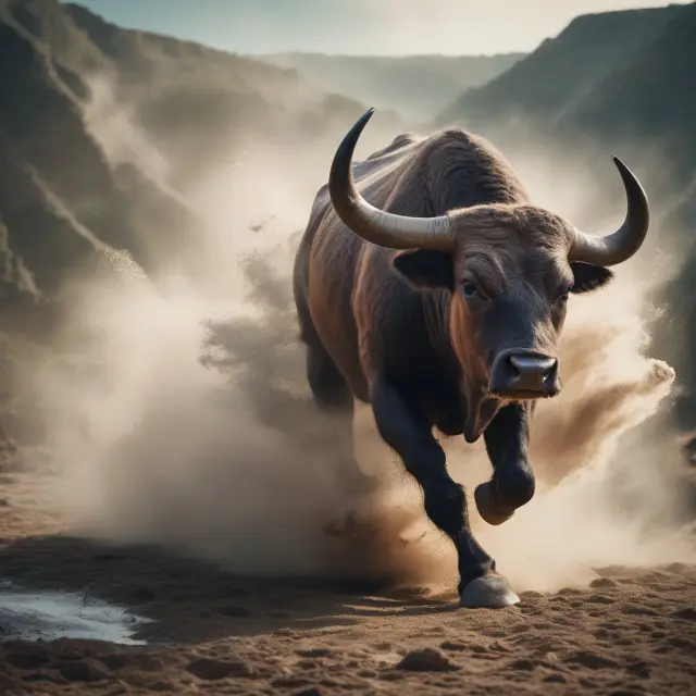 A powerful, charging bull symbolizing momentum investing moving through the sea of stock market technical indicators, creating an upward trend.