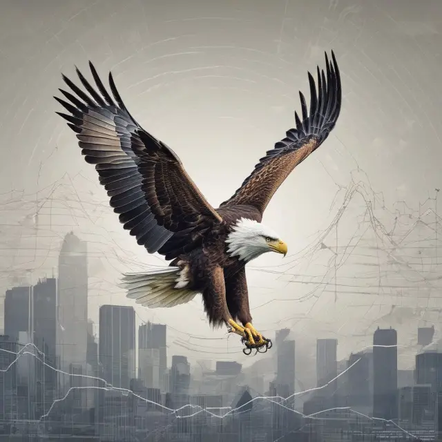 An eagle flying above a chart, examining trendlines and technical indicators to apply momentum trading rules