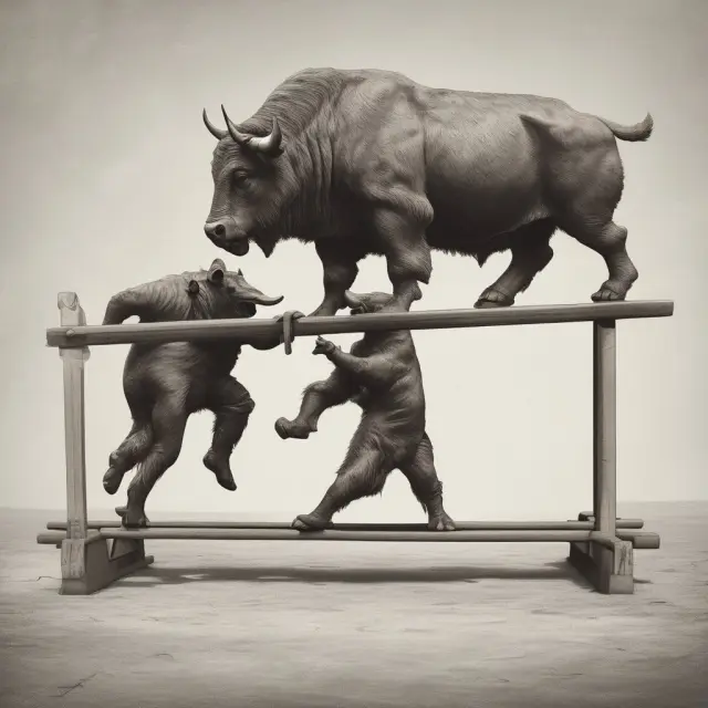 Two anthropomorphic bull and bear figures engaging in a dance on a seesaw, symbolizing the advantages and disadvantages of momentum investing