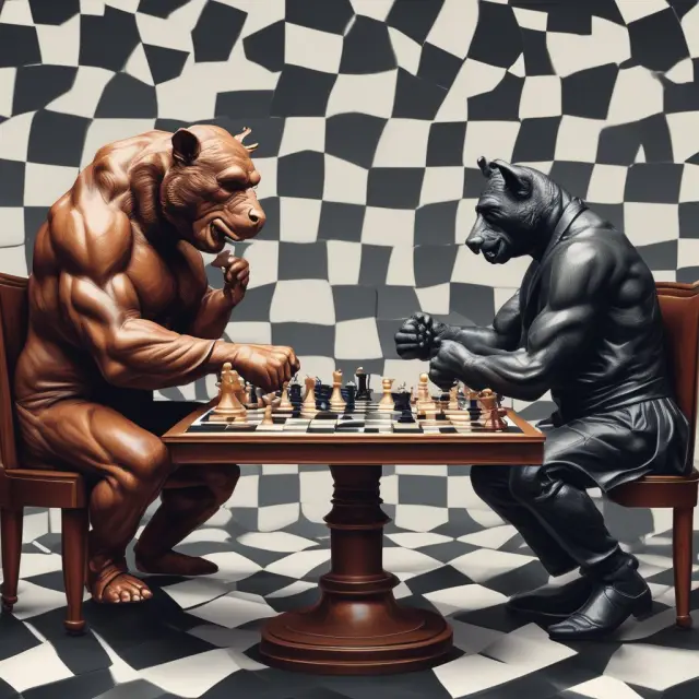 A bull representing momentum trading faces off against a bear symbolizing fundamental analysis on a chessboard, illustrating their contrasting investment strategies.