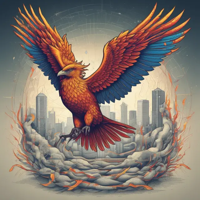 A monetarist phoenix emerging from an ocean of charts and graphs, representing the economic theory