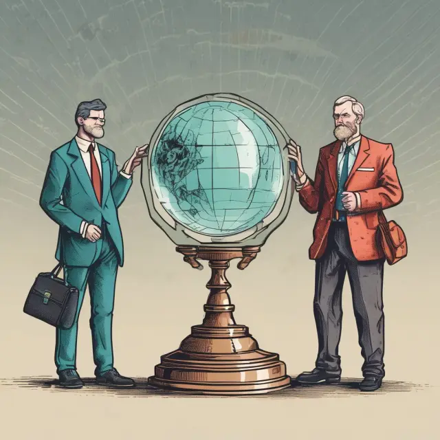 Two economists, one with a clear crystal ball representing stable velocity, the other with an unstable monetary pump illustrating Monetarism
