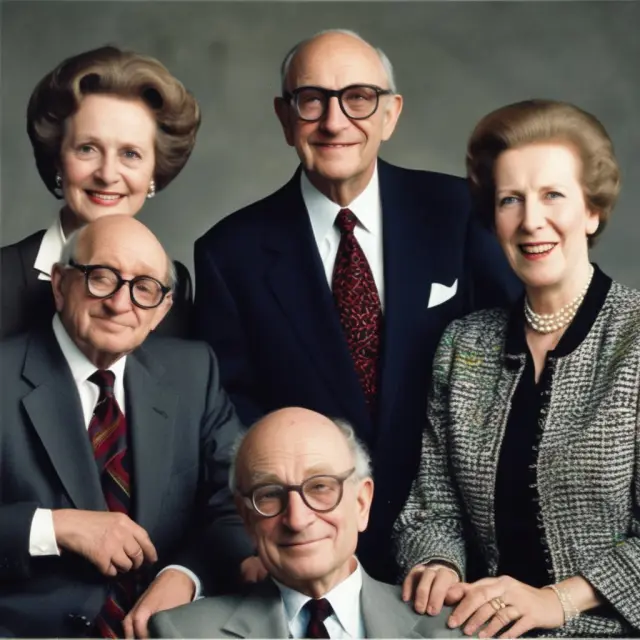 Three monetarist figures, Milton Friedman, Alan Greenspan, and Margaret Thatcher, depicted as guiding beacons amidst an economic sea