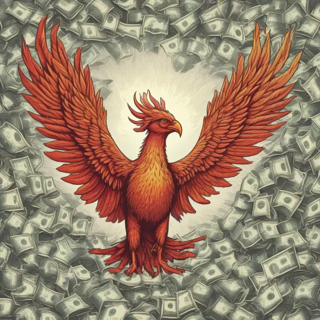 Image of a mythical phoenix emerging from a body of water filled with various currencies, representing the resurgence and relevance of monetarism in contemporary economics