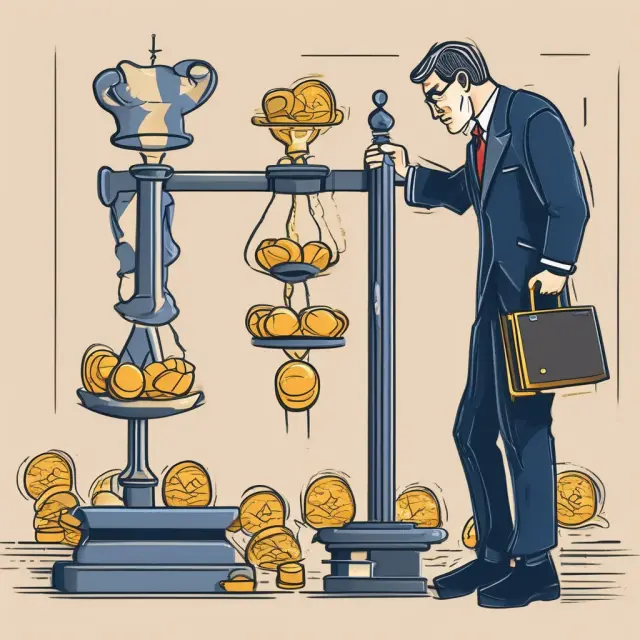 A central bank governor manipulates a delicate balance of gold coins and hourglasses, symbolizing the control of money supply and its impact on economic growth.