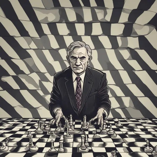 The Fed Chair sits at a chessboard, controlling economic pieces via adjustments to interest rates.