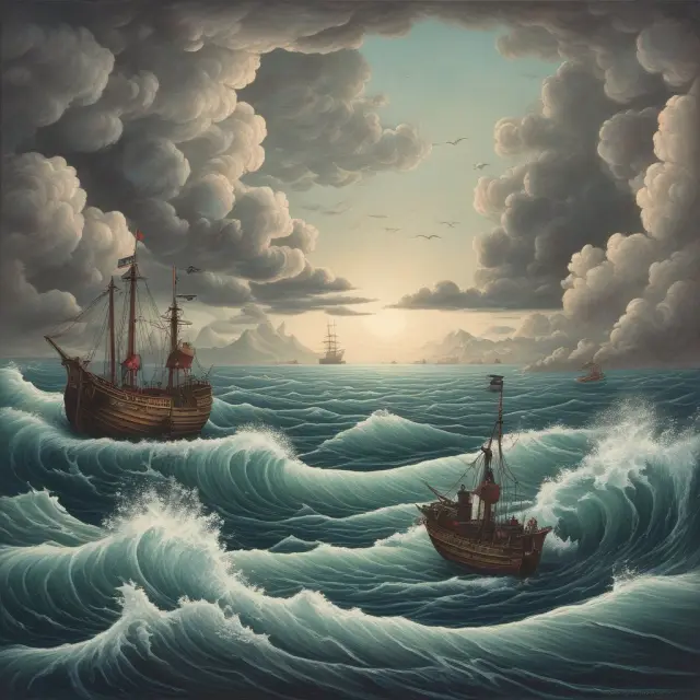 A calm sea with monetarist and keynesian waves representing their respective theories, symbolizing their ongoing debate for controlling the economy