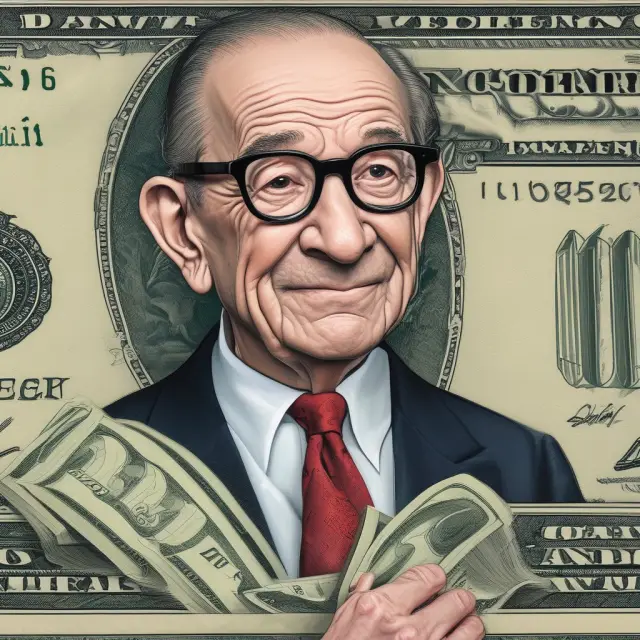 Alan Greenspan wielding a gavel to control monetary policy, shaping waves of money supply