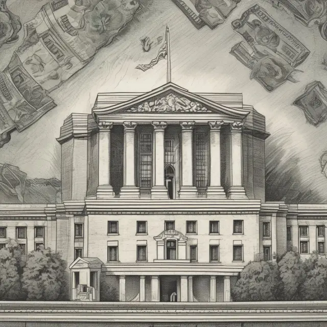 A central bank figure diligently managing a river of money with a regal scepter, symbolizing the control and influence over a nation