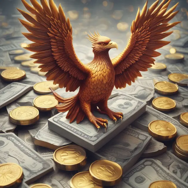 Phoenix rising above a timeline of gold coins, silver bars, and fiat money, representing central bank