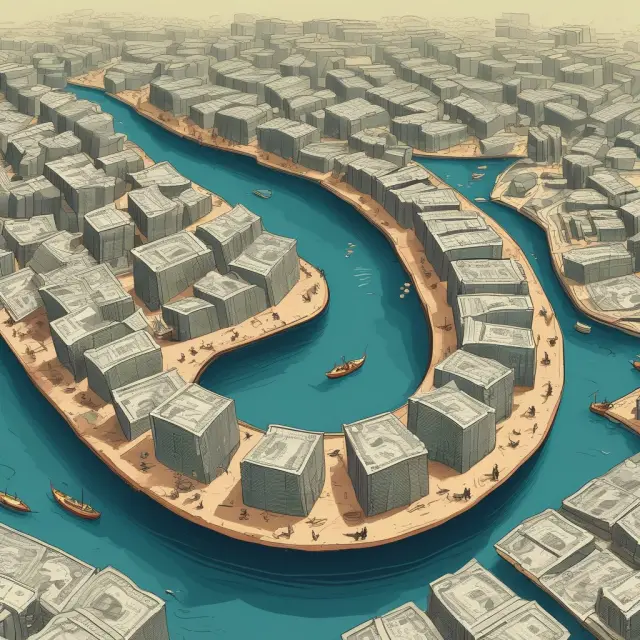 A winding river symbolizing the monetary base, with various connected banks representing the fractional reserve system and inflation rates depicted as water levels