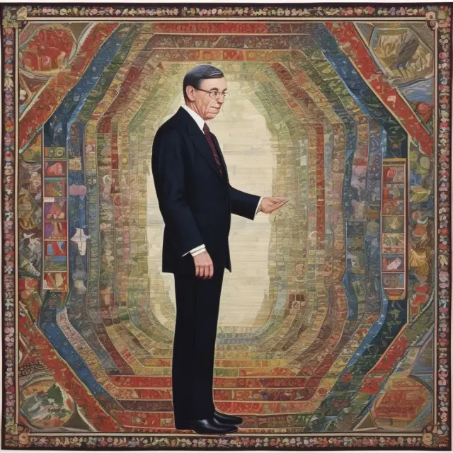 Central bank governor creating economic tapestry with GDP, inflation, and employment threads