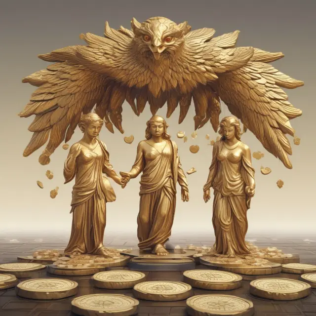 Central bank buying securities in open market operations: mythical beings exchanging gold coins, illustrating the injection of cash into the economy